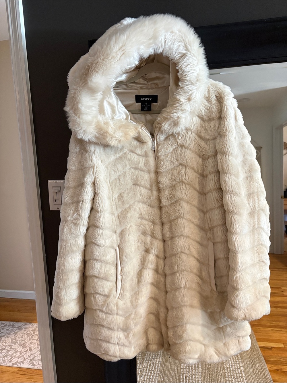 DKNY Cream Faux-Fur Hooded Teddy Coat